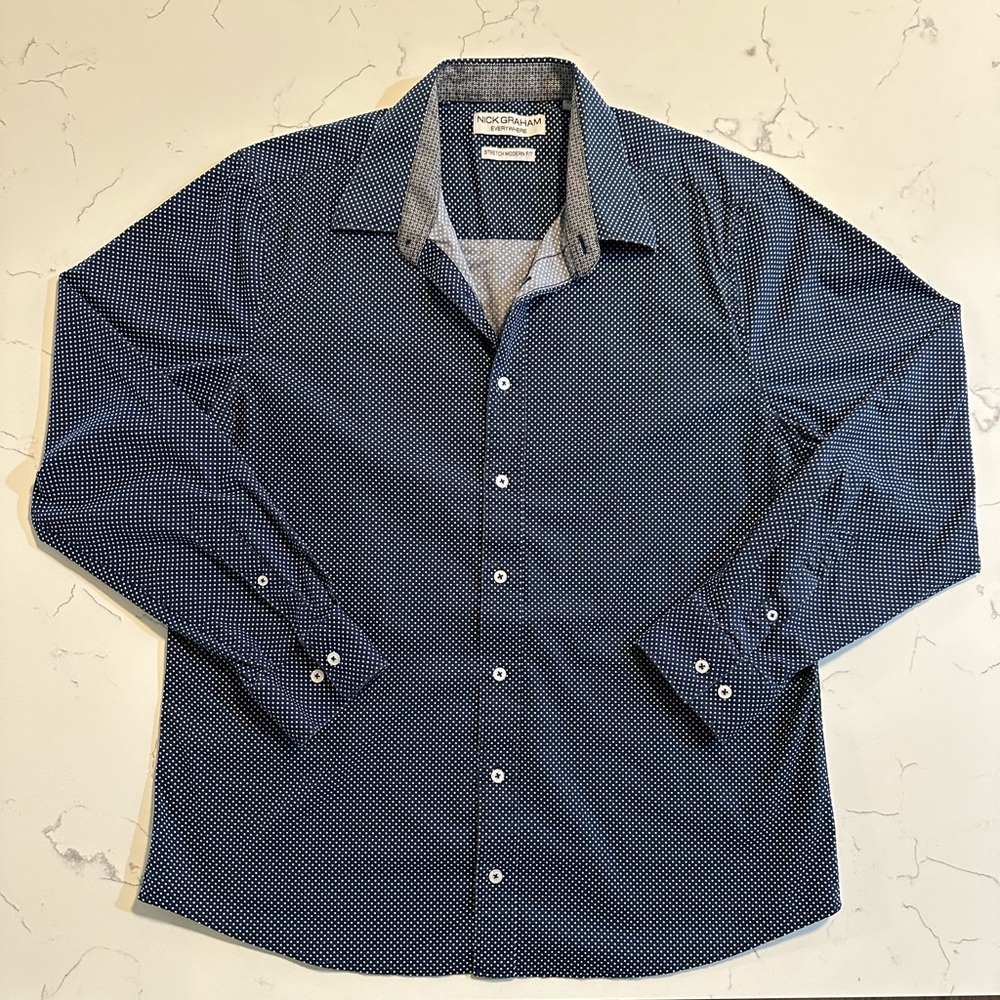 Nick Graham Everywhere Navy Blue Polka Dot Button Down Shirt Long Sleeve XL tall